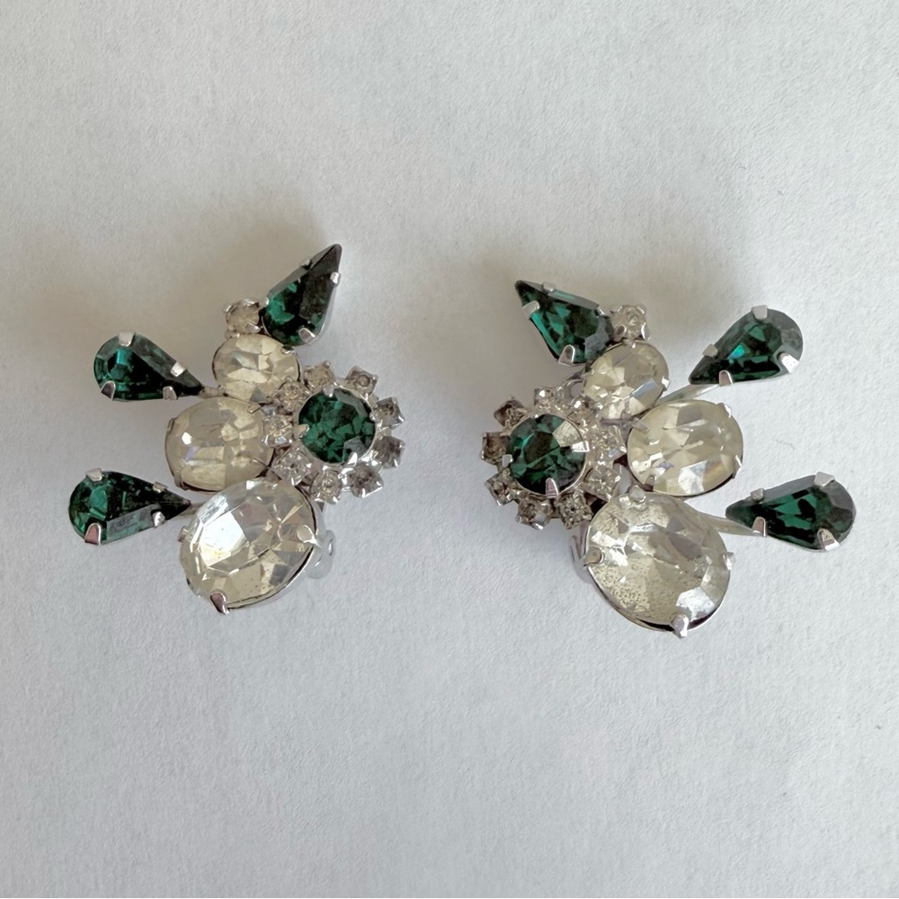 Vintage Crystal & “Emerald” Green Cluster Statement Clip-On Earrings